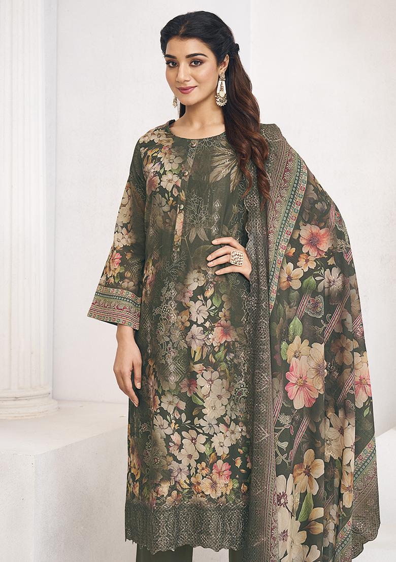 Olive Digital Printed Cotton Salwar Kameez - Indya