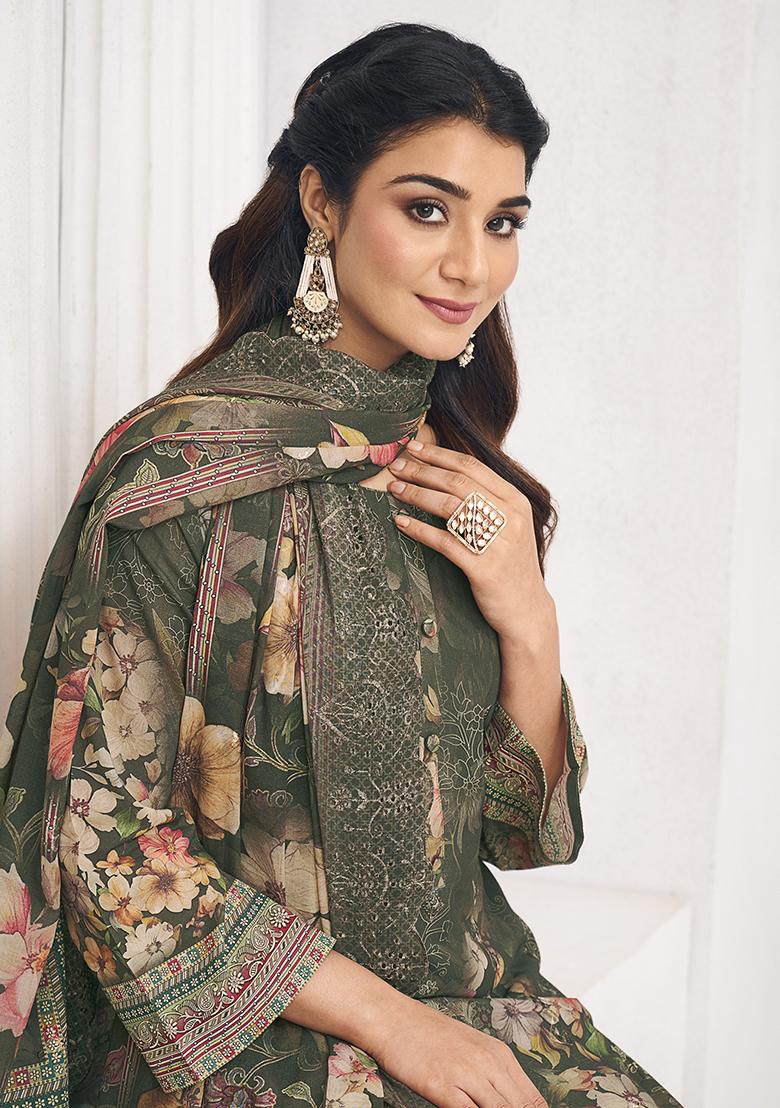 Olive Digital Printed Cotton Salwar Kameez - Indya