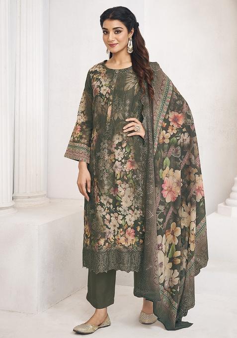Olive Digital Printed Cotton Salwar Kameez
