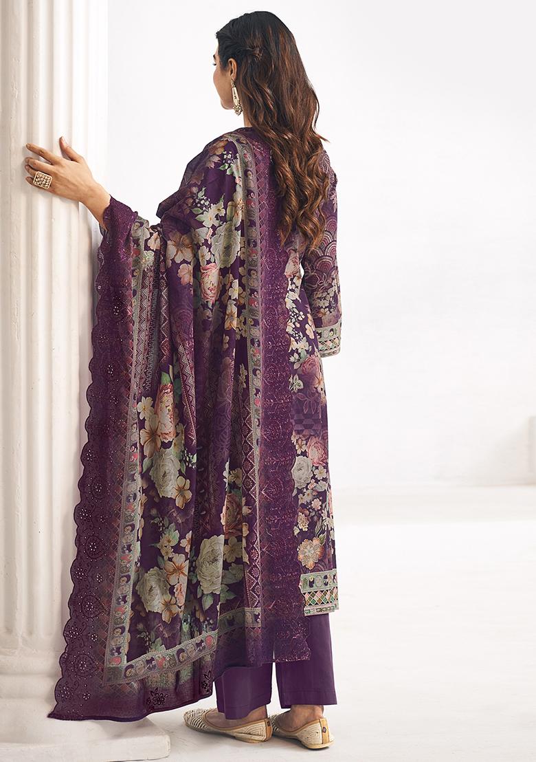 Purple Digital Printed Cotton Salwar Kameez - Indya