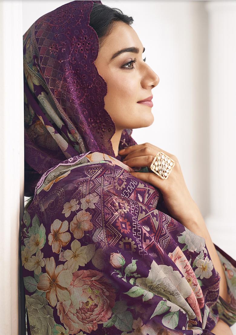 Purple Digital Printed Cotton Salwar Kameez - Indya