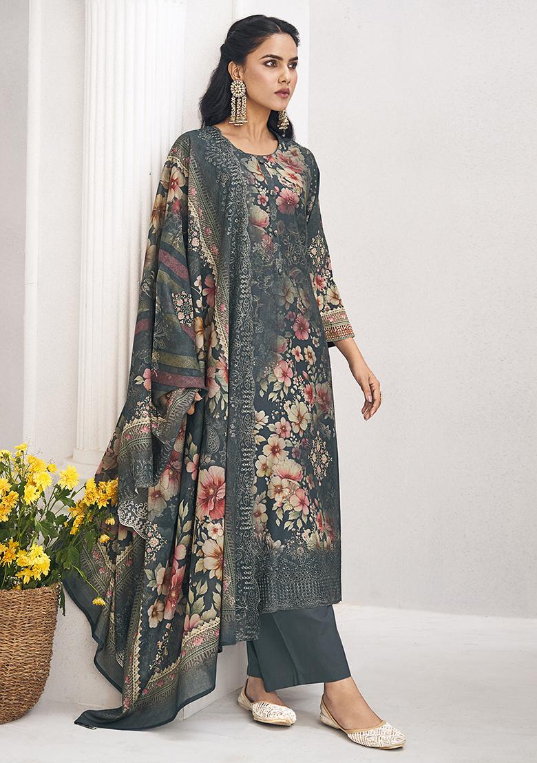Navy Blue Digital Printed Cotton Salwar Kameez - Indya
