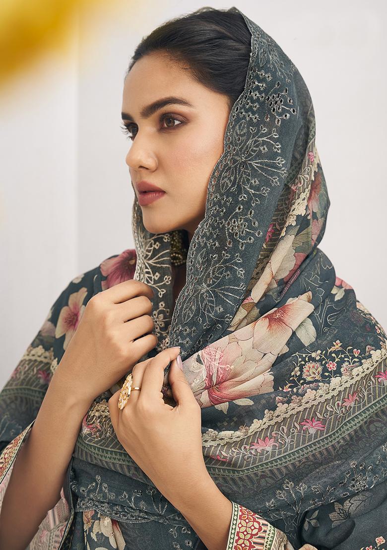 Navy Blue Digital Printed Cotton Salwar Kameez - Indya