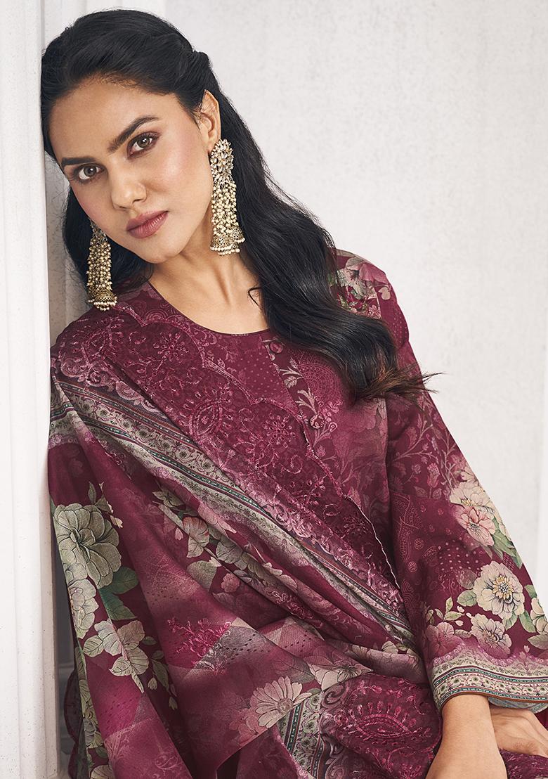 Maroon Digital Printed Cotton Salwar Kameez - Indya