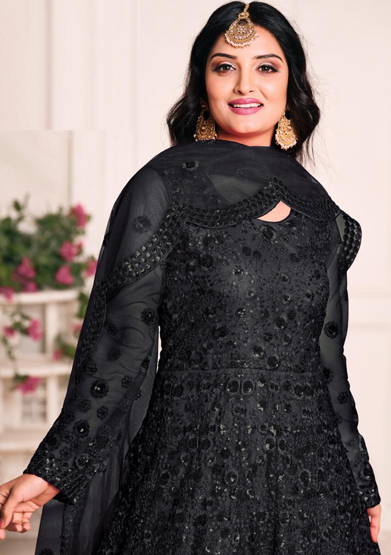 Black Embroidery NET Kurta Set - Indya