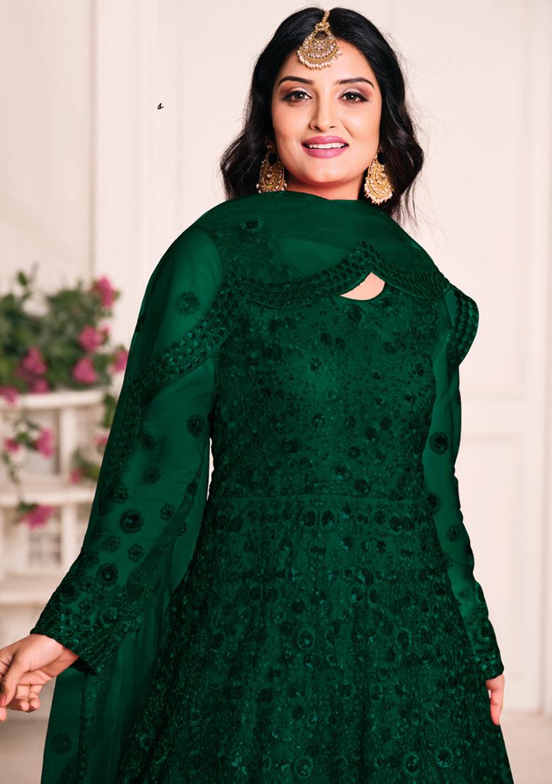Green Embroidery NET Kurta Set - Indya