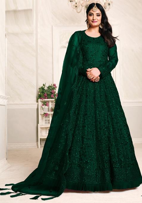 Green Embroidery NET Kurta Set