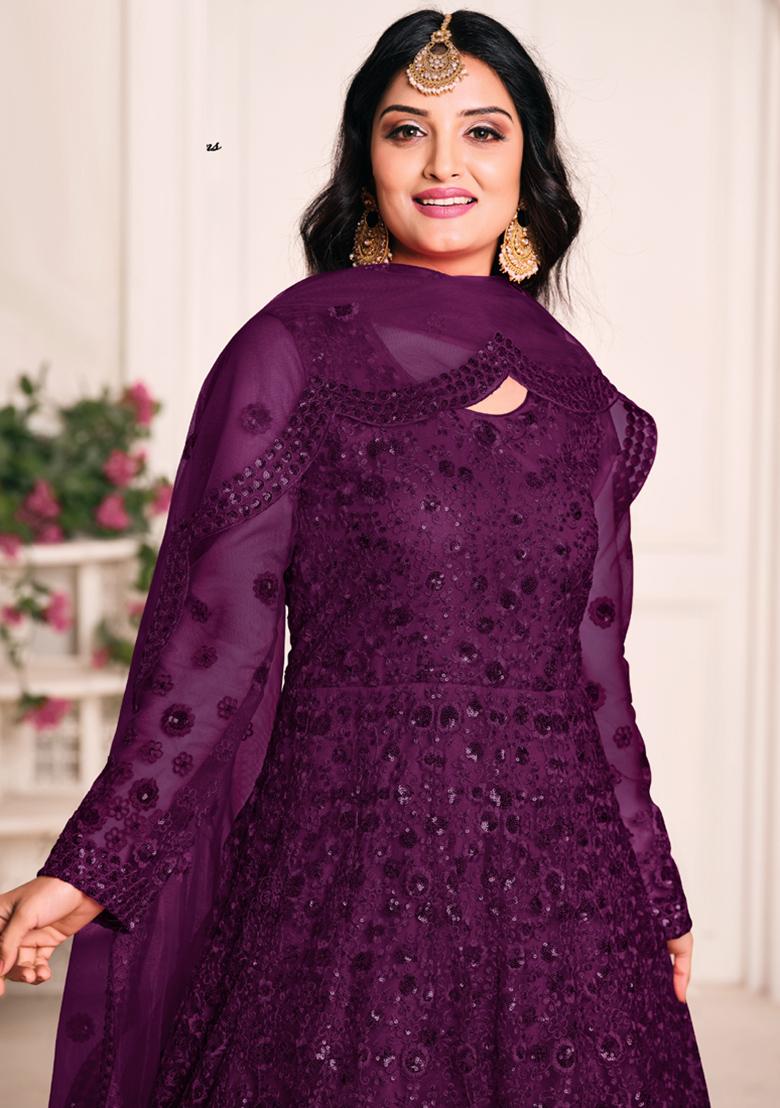 Purple Embroidery NET Kurta Set - Indya