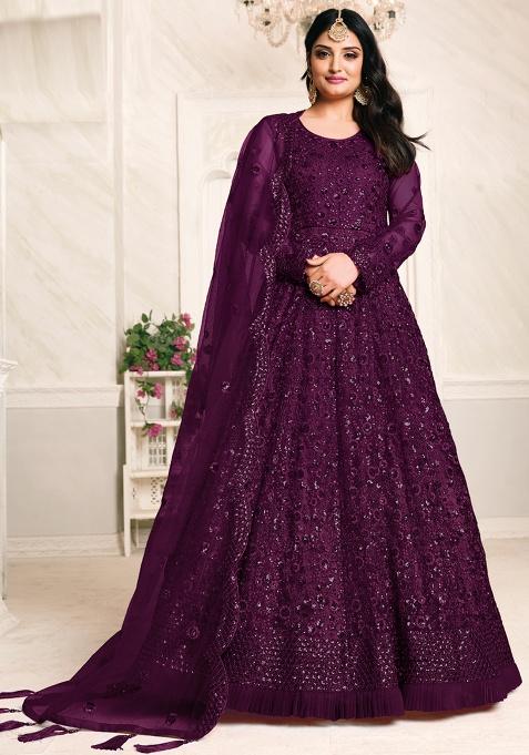 Purple Embroidery NET Kurta Set