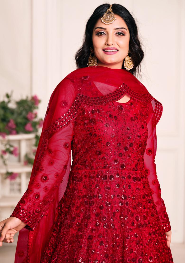 Red Embroidery NET Kurta Set - Indya