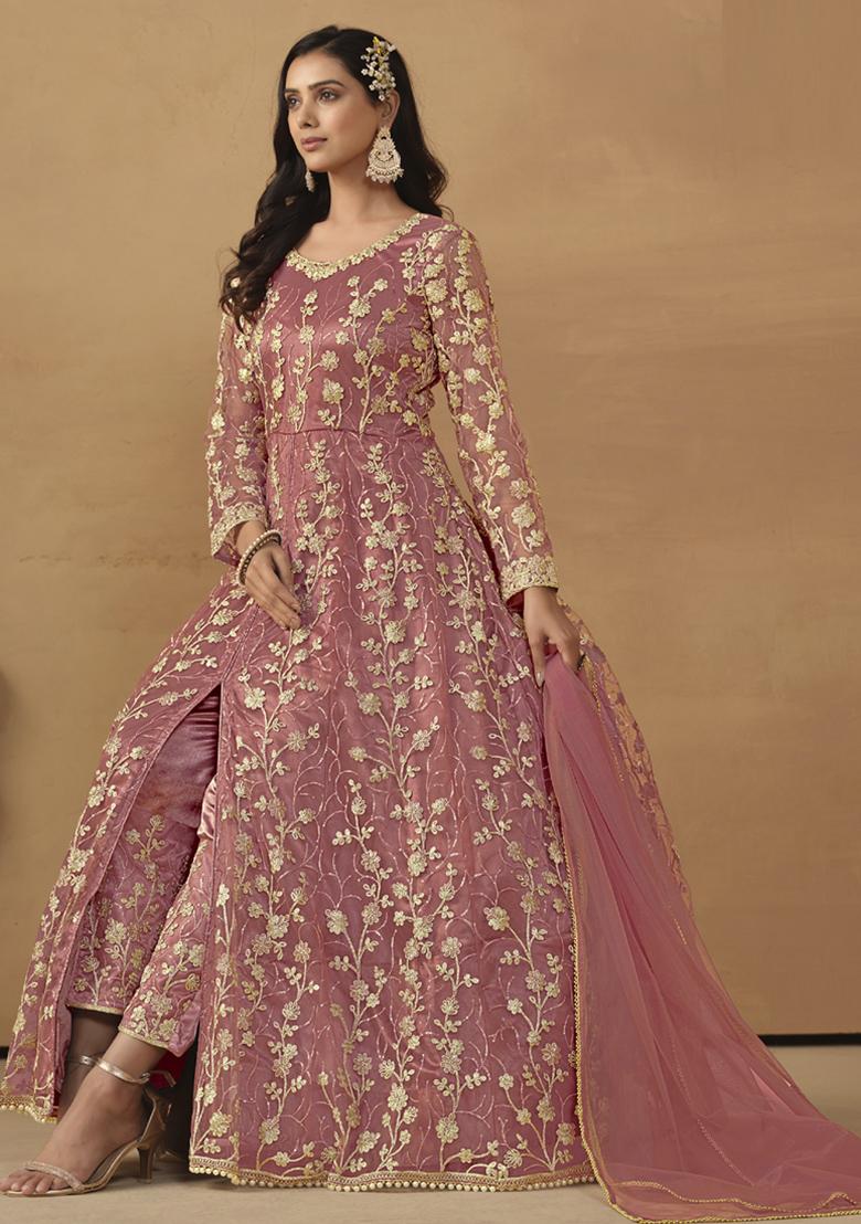 Onion Pink Embroidery NET Kurta Set - Indya