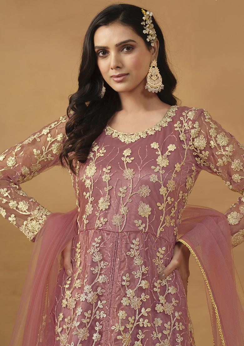 Onion Pink Embroidery NET Kurta Set - Indya