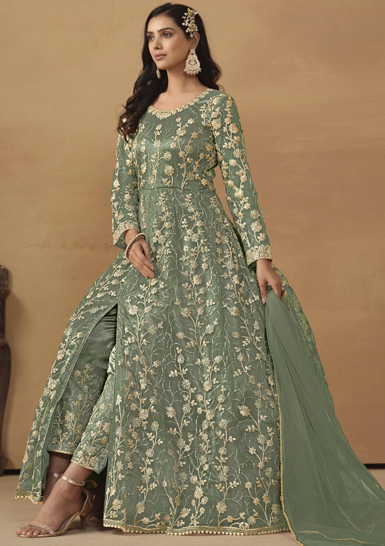 Light Green Embroidery NET Kurta Set - Indya
