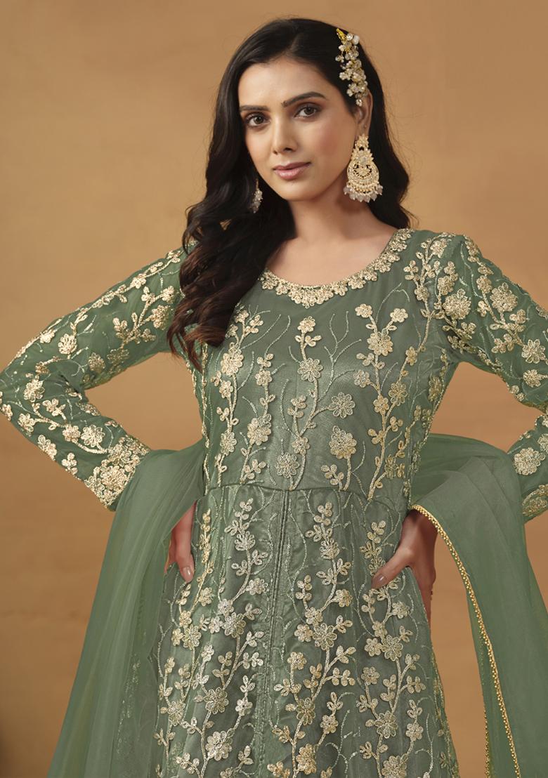 Light Green Embroidery NET Kurta Set - Indya