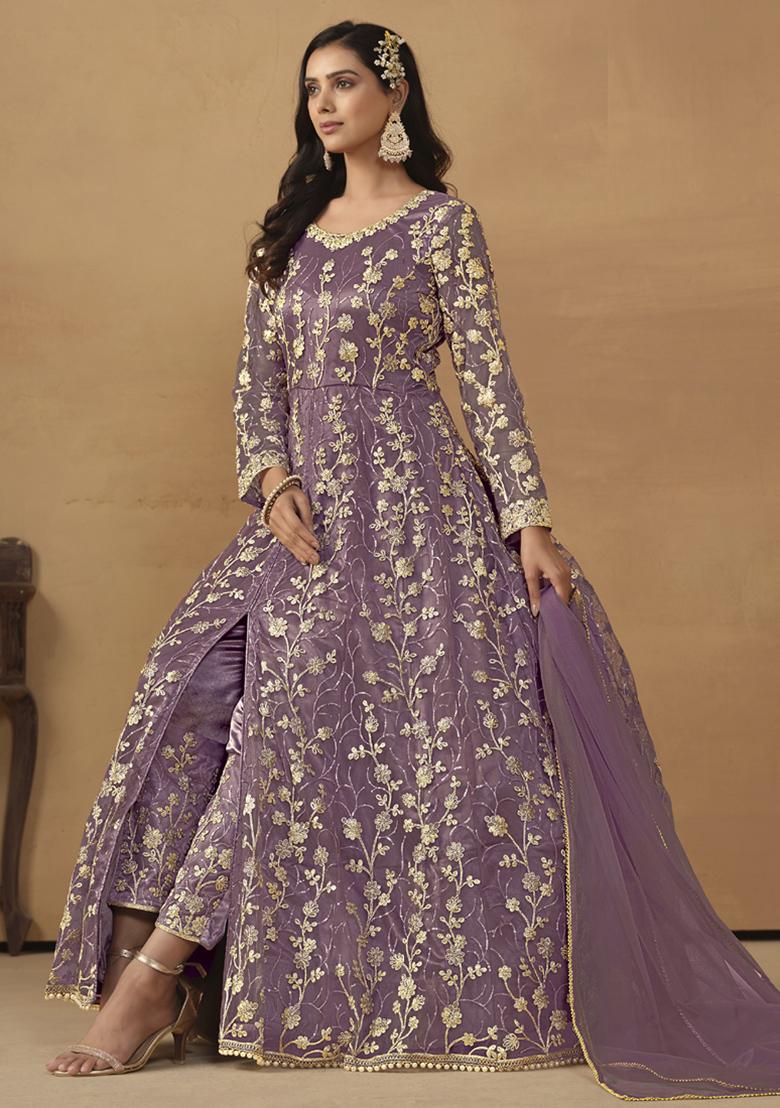 Lavender Embroidery NET Kurta Set - Indya