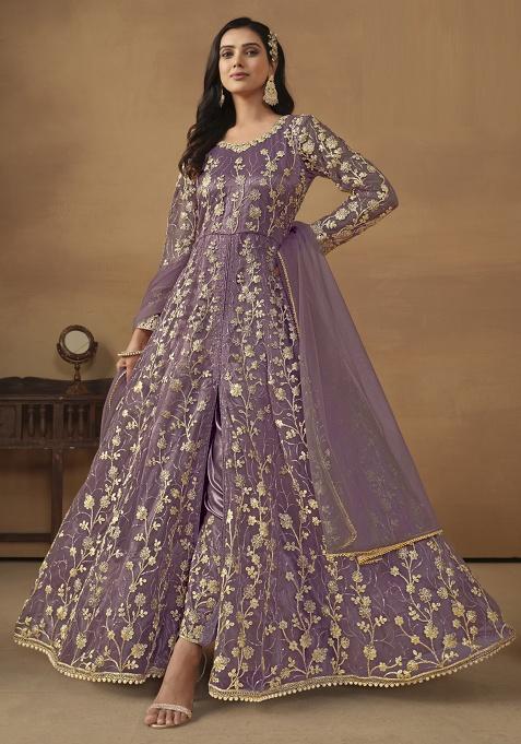 Lavender Embroidery NET Kurta Set