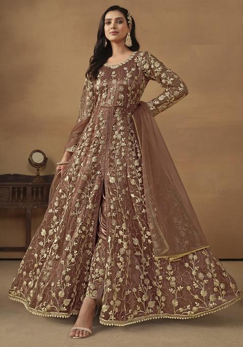 Brown Embroidery NET Kurta Set