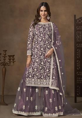 Lavender Embroidery NET Kurta Set