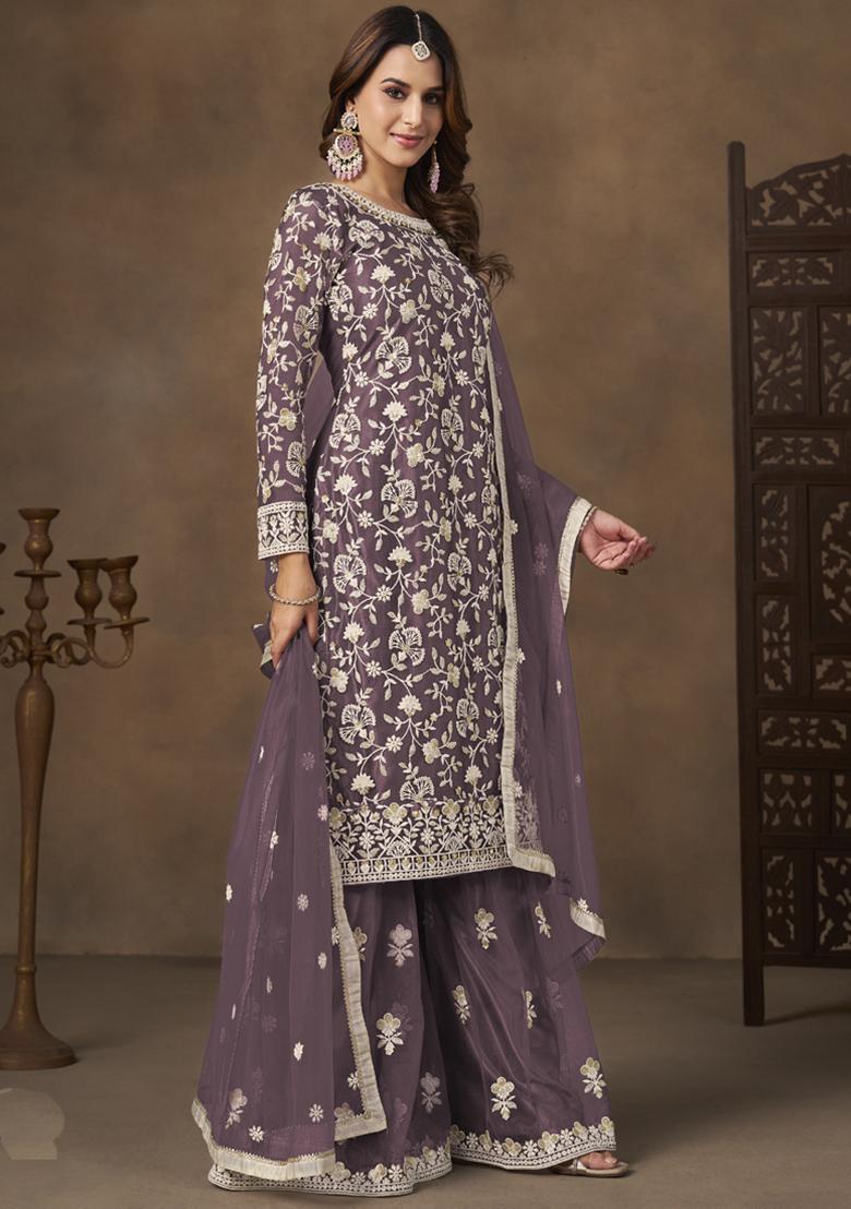 Lavender Embroidery NET Kurta Set - Indya