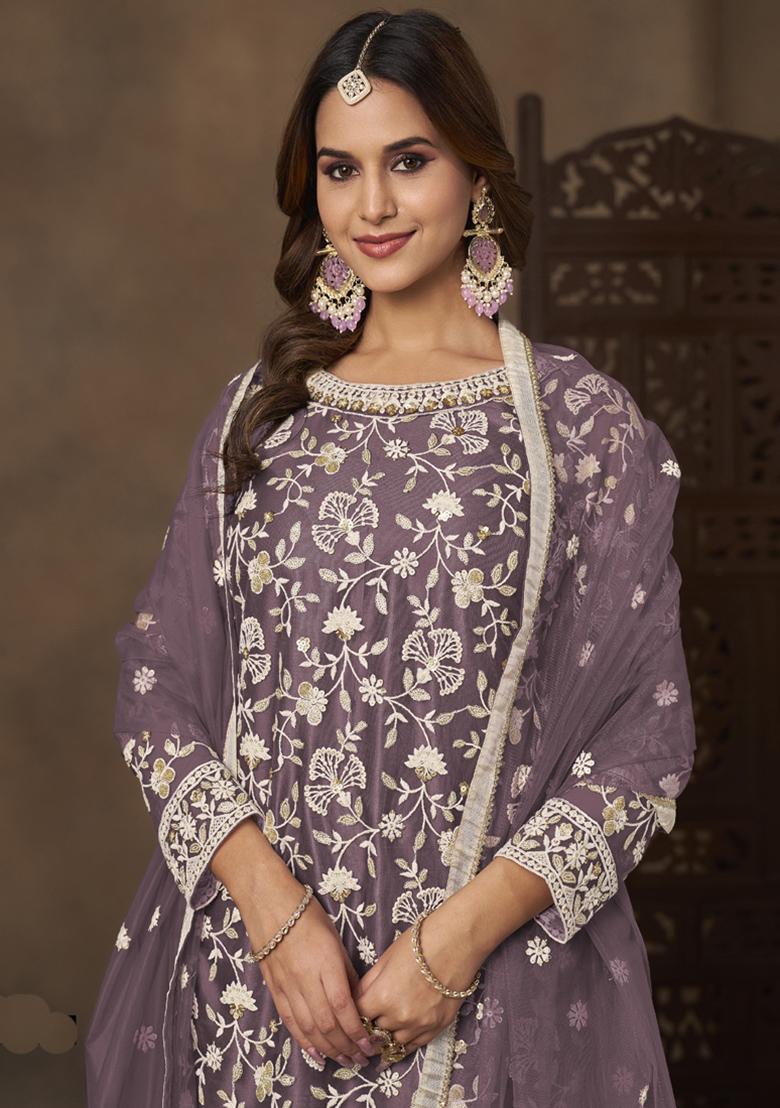 Lavender Embroidery NET Kurta Set - Indya
