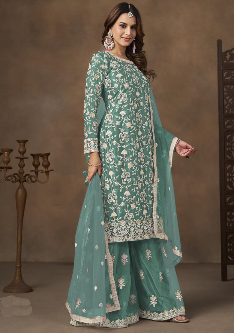 Sea Green Embroidery NET Kurta Set - Indya