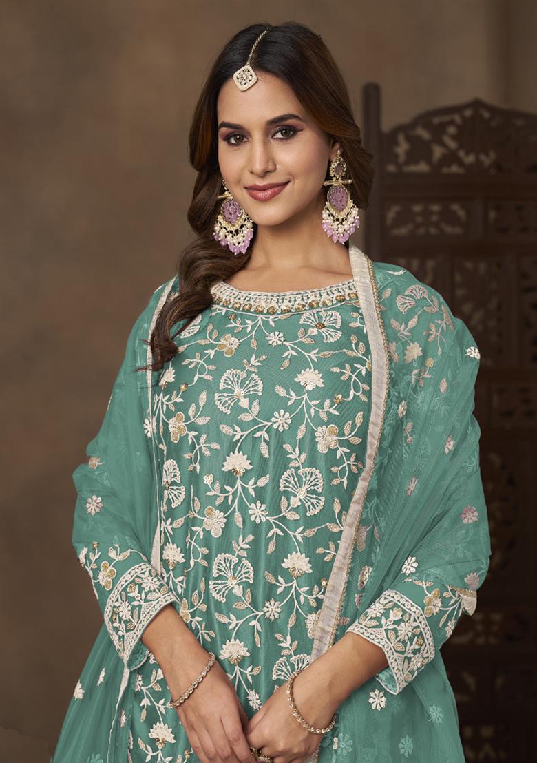 Sea Green Embroidery NET Kurta Set - Indya
