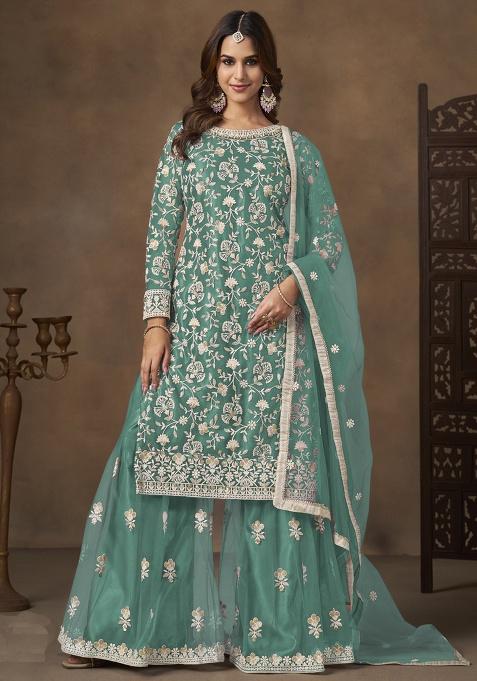 Sea Green Embroidery NET Kurta Set
