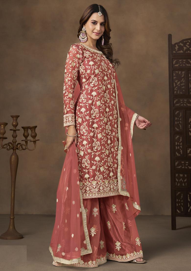 Dark Peach Embroidery NET Kurta Set - Indya