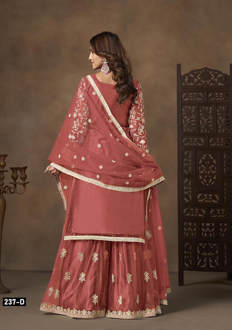 Dark Peach Embroidery NET Kurta Set - Indya