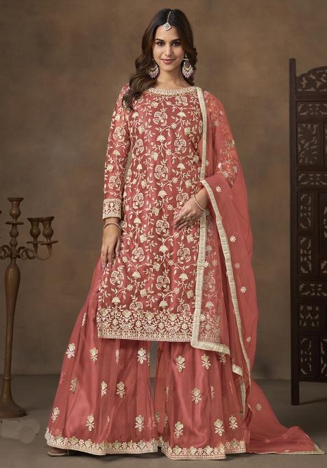 Dark Peach Embroidery NET Kurta Set