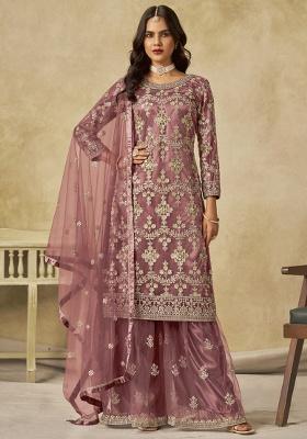 Onion Pink Embroidery NET Kurta Set