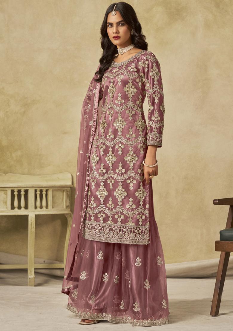 Onion Pink Embroidery NET Kurta Set - Indya