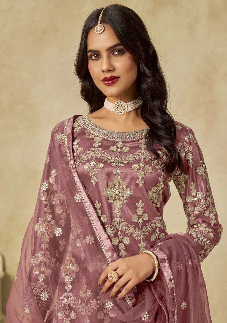 Onion Pink Embroidery NET Kurta Set - Indya