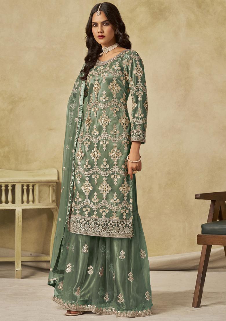 Light Green Embroidery NET Kurta Set - Indya