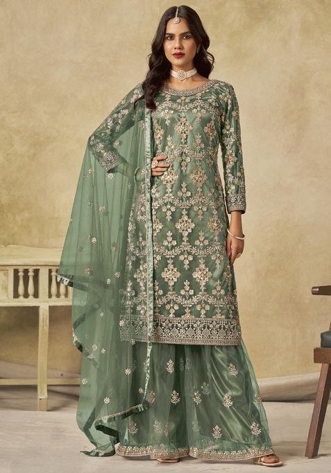 Light Green Embroidery NET Kurta Set