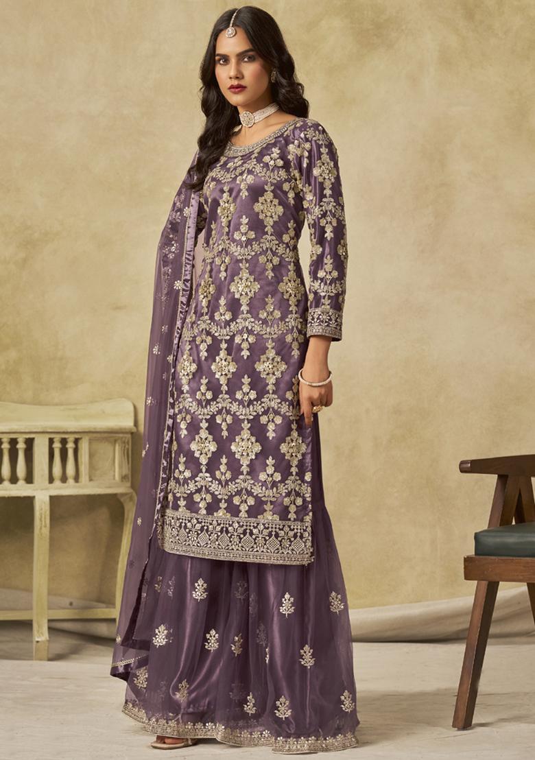 Lavender Embroidery NET Kurta Set - Indya