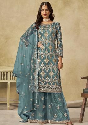 Sky Blue Embroidery NET Kurta Set