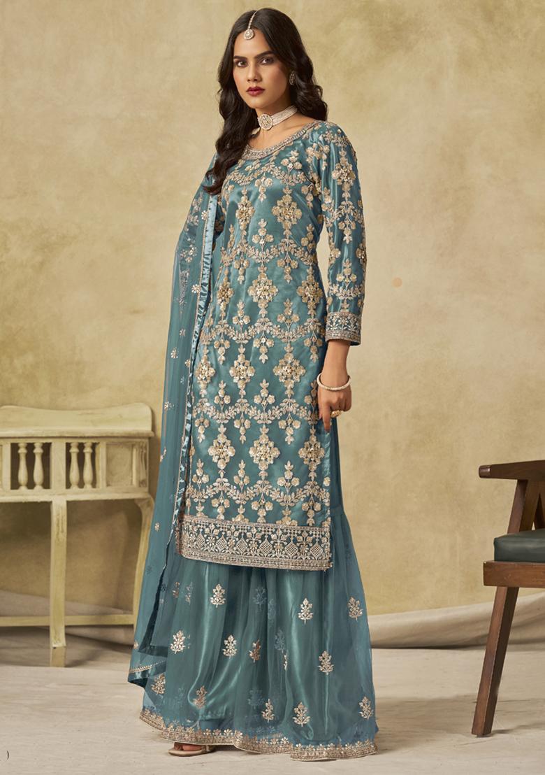 Sky Blue Embroidery NET Kurta Set - Indya