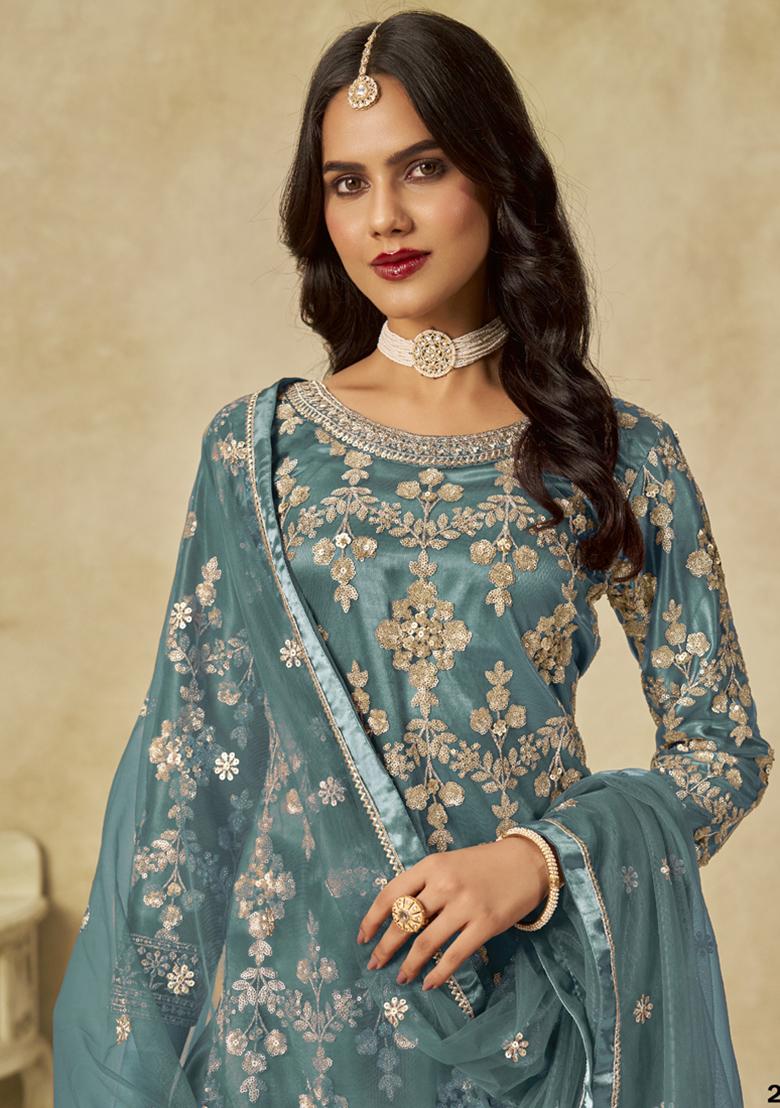 Sky Blue Embroidery NET Kurta Set - Indya