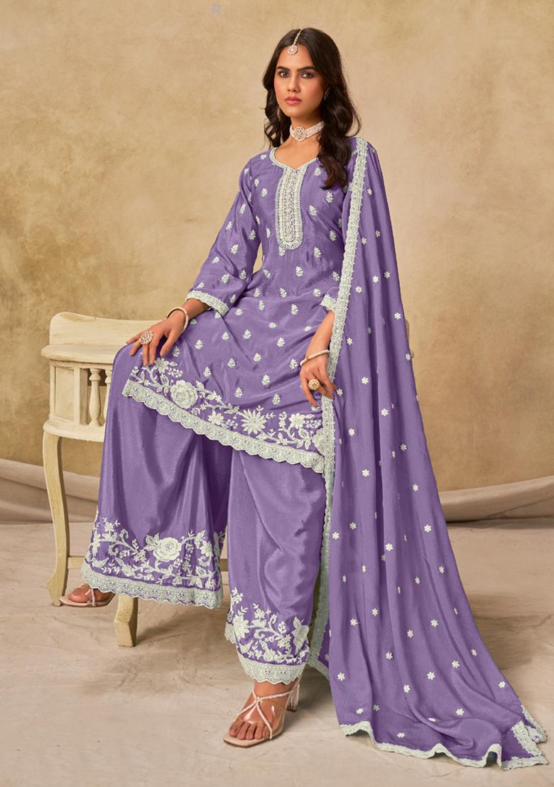 Lavender Embroidery Silk Kurta Set - Indya