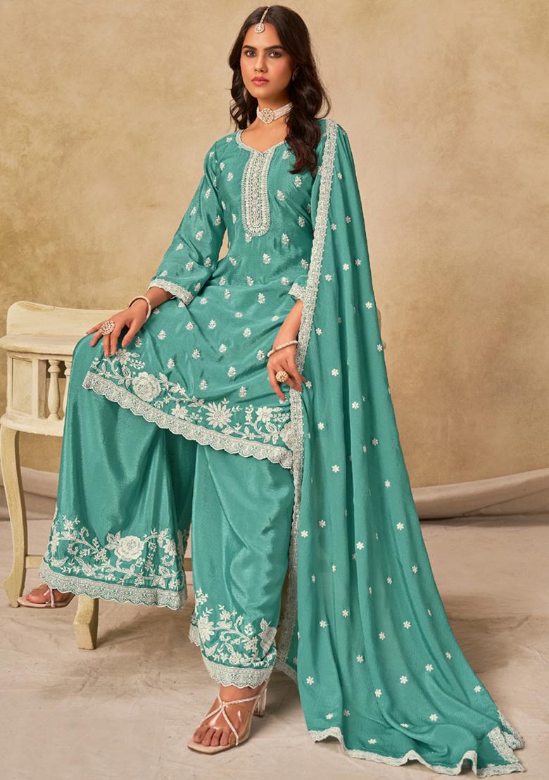 Green Embroidery Silk Kurta Set - Indya