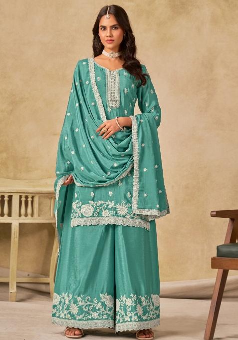 Green Embroidery Silk Kurta Set