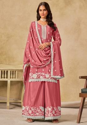 Peach Embroidery Silk Kurta Set