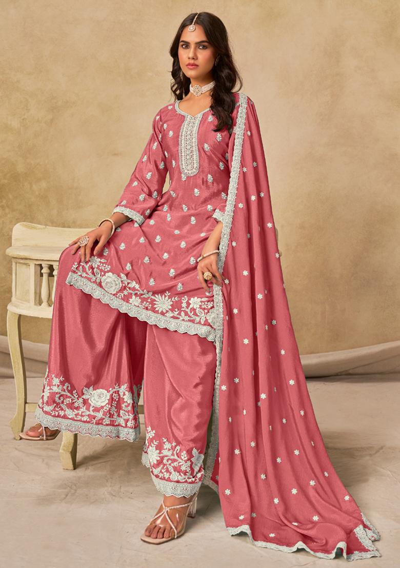 Peach Embroidery Silk Kurta Set - Indya