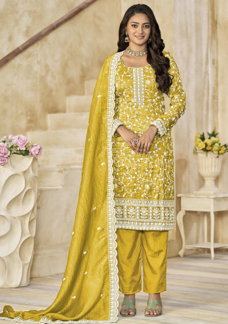 Yellow Embroidery ORGENZA Kurta Set - Indya