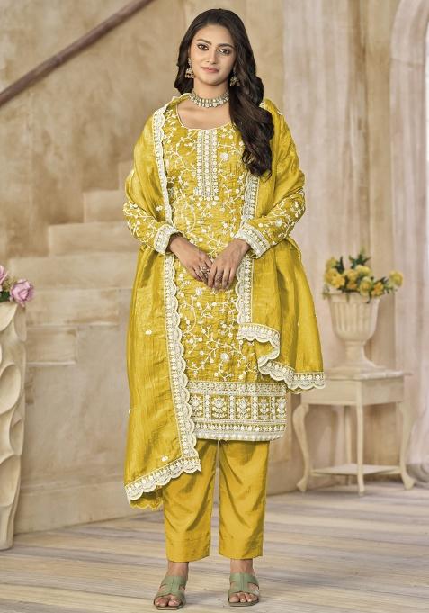 Yellow Embroidery ORGENZA Kurta Set
