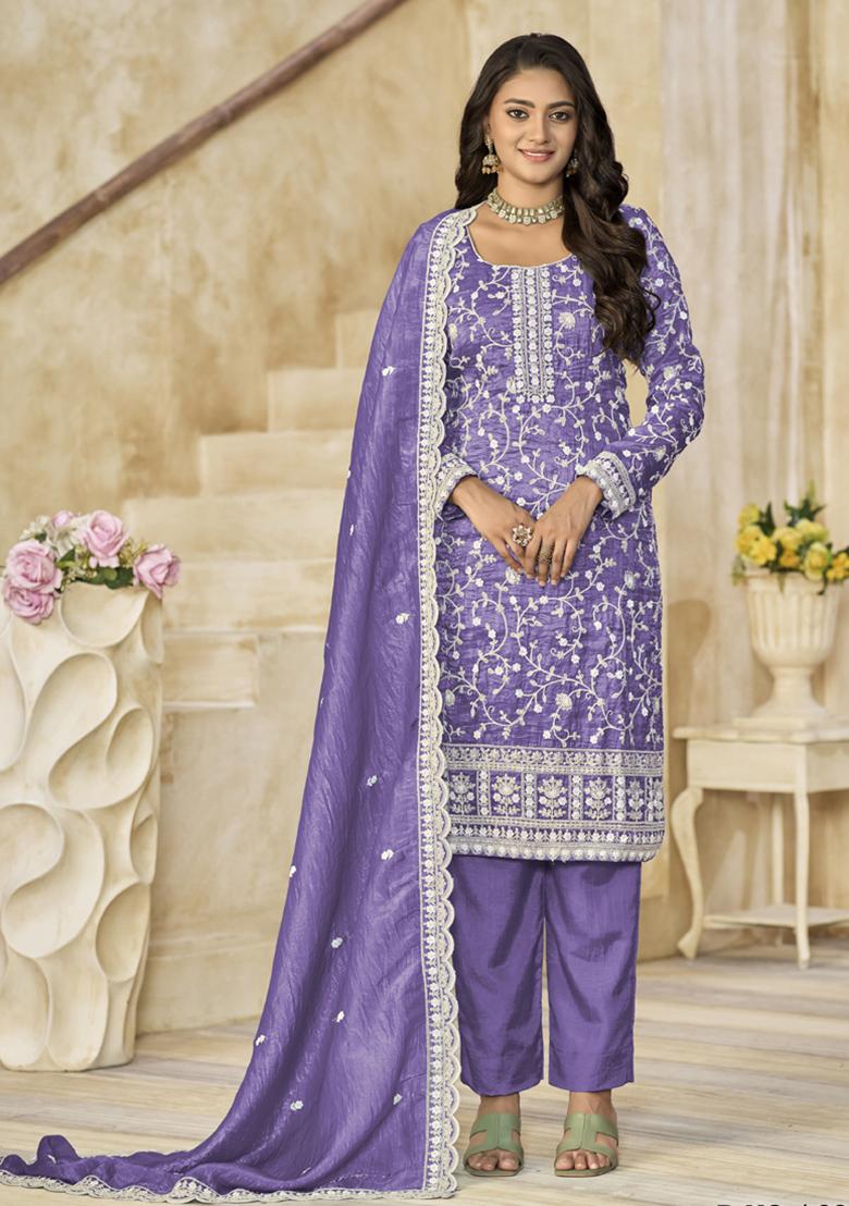 Lavender Embroidery ORGENZA Kurta Set - Indya