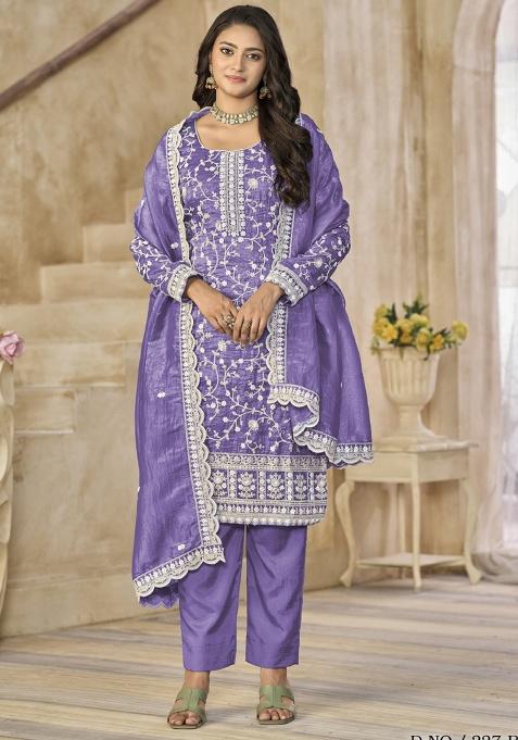 Lavender Embroidery ORGENZA Kurta Set