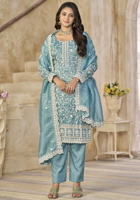 Sea Green Embroidery ORGENZA Kurta Set