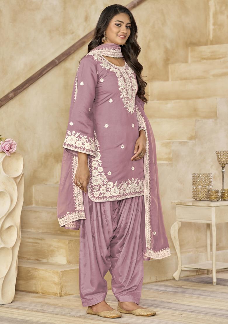 Onion Pink Embroidery Silk Kurta Set - Indya